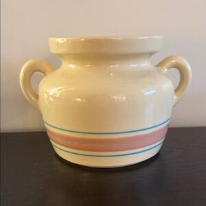 McCoy Cream and Pink Ceramic Pot with Blue Stripe
